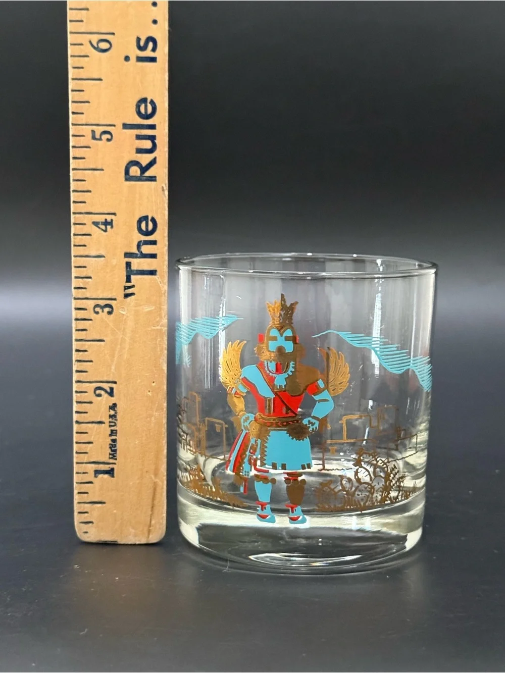 Vintage COUROC Of Monterey Hopi Kachina 22K Gold Gilt Lowball Glass
